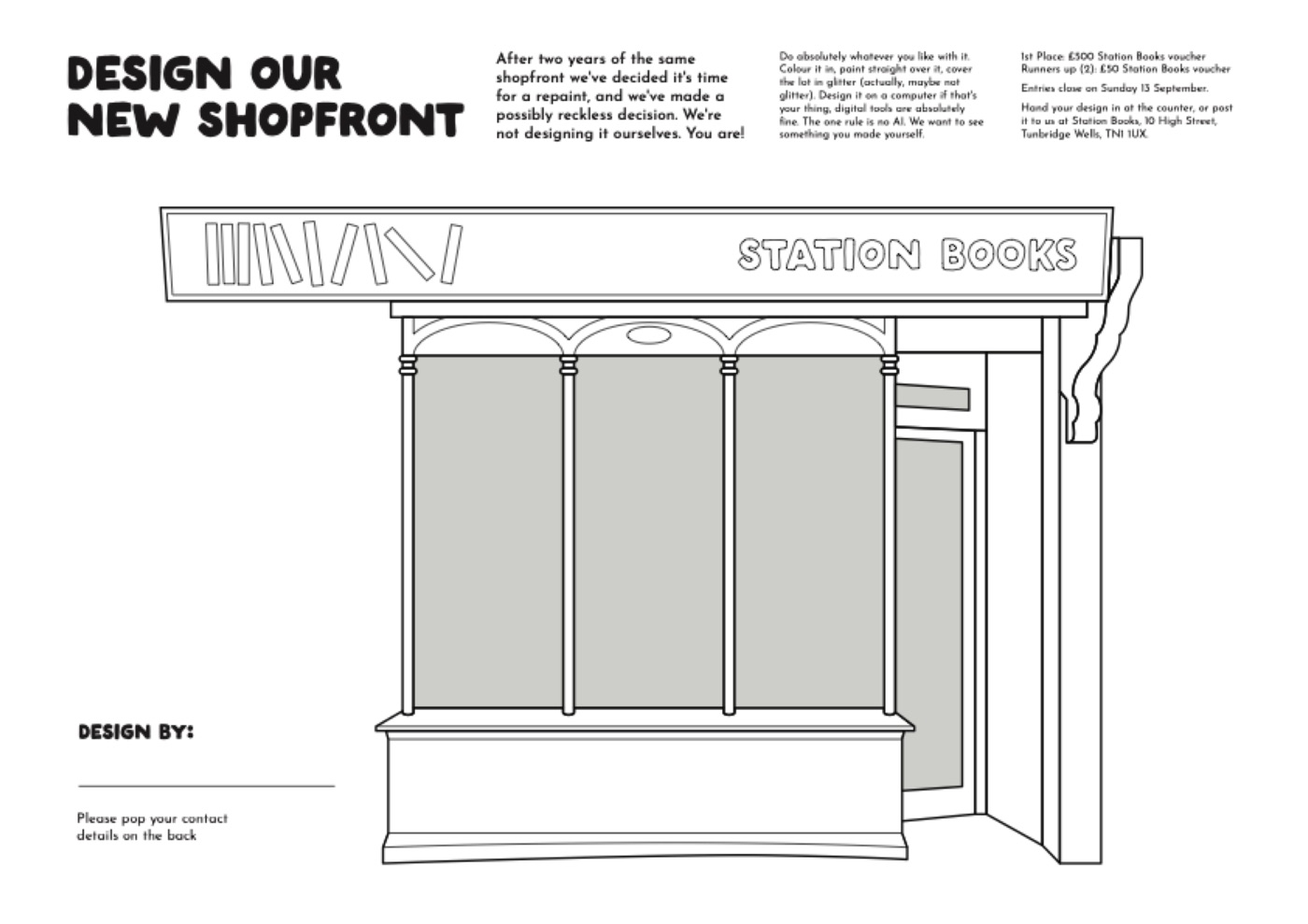 Printable entry form with a blank line drawing of the Station Books shopfront, ready to colour in